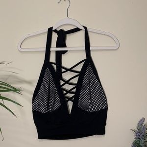Halter Crop Top with Lace-Up and Mesh Detailing